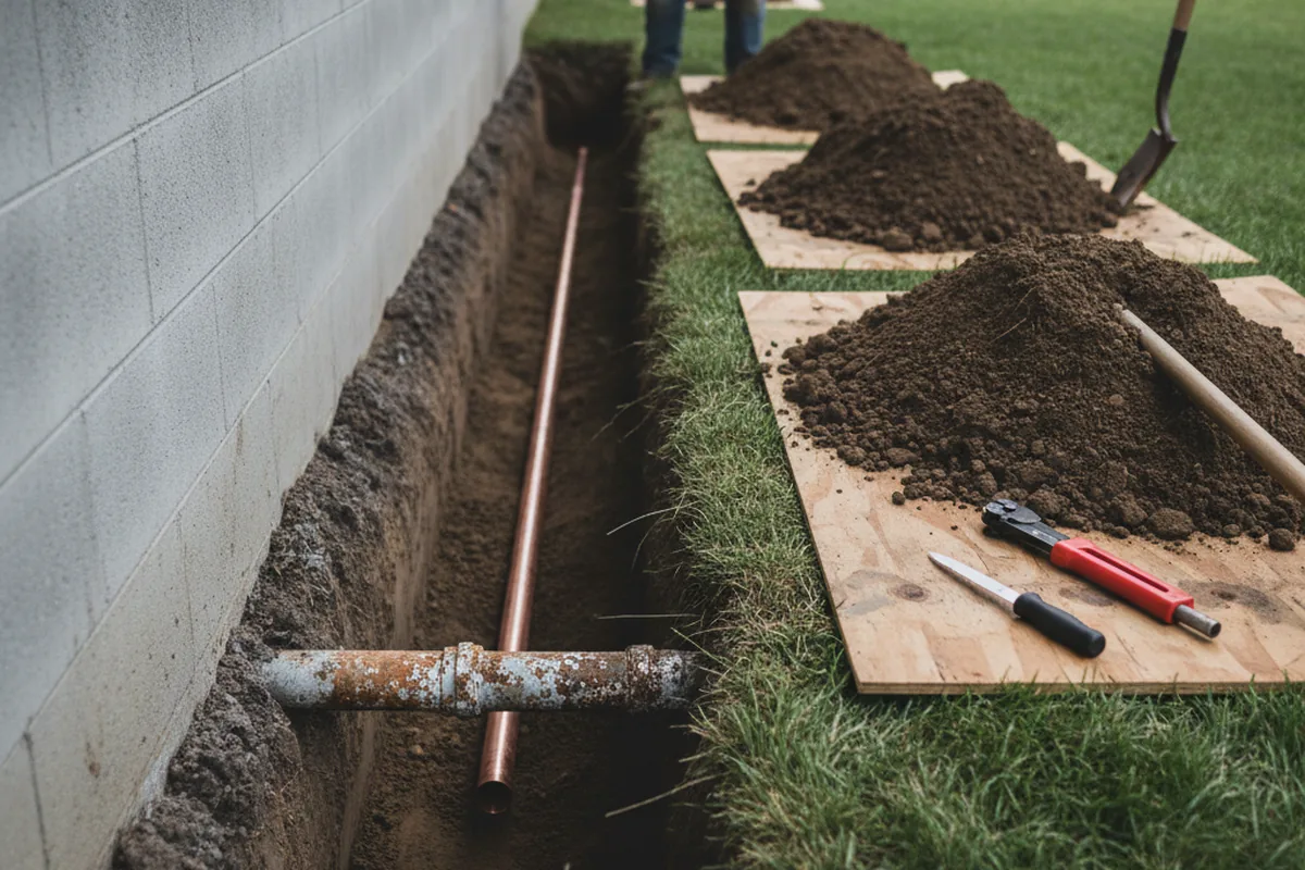 Excavated water line trench during Water Heater Repair in Douglasville